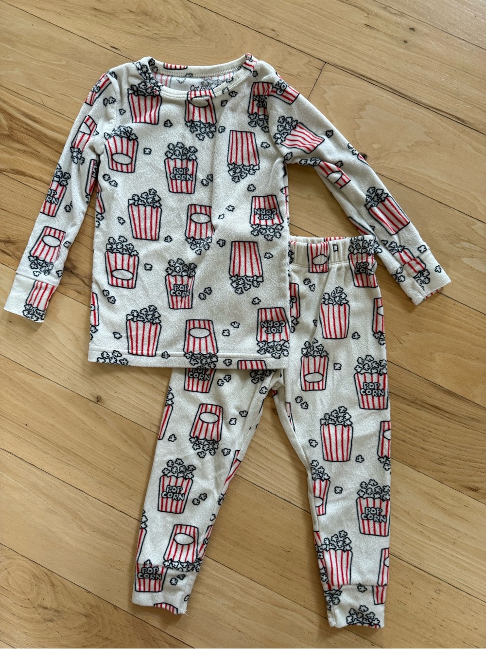 Kids Popcorn Print Fuzzy Pajama Set